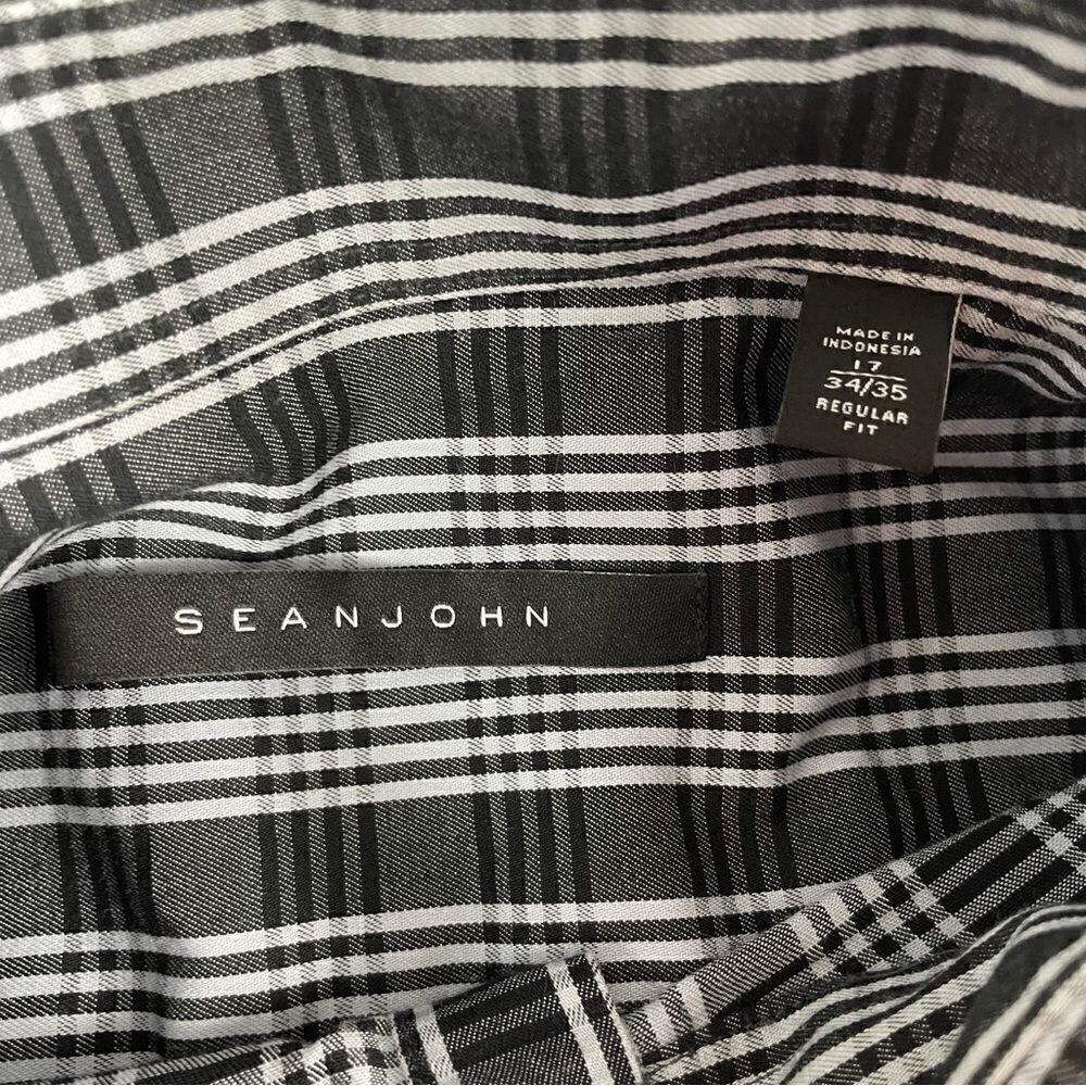 Sean John Black & White Plaid Long Sleeve Collared Dress Shirt Men’s 17 34/35 - Picture 3 of 6